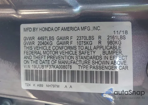 2019 Acura Tlx Standard from USA, damaged, VIN 19UUB1F37KA008078
